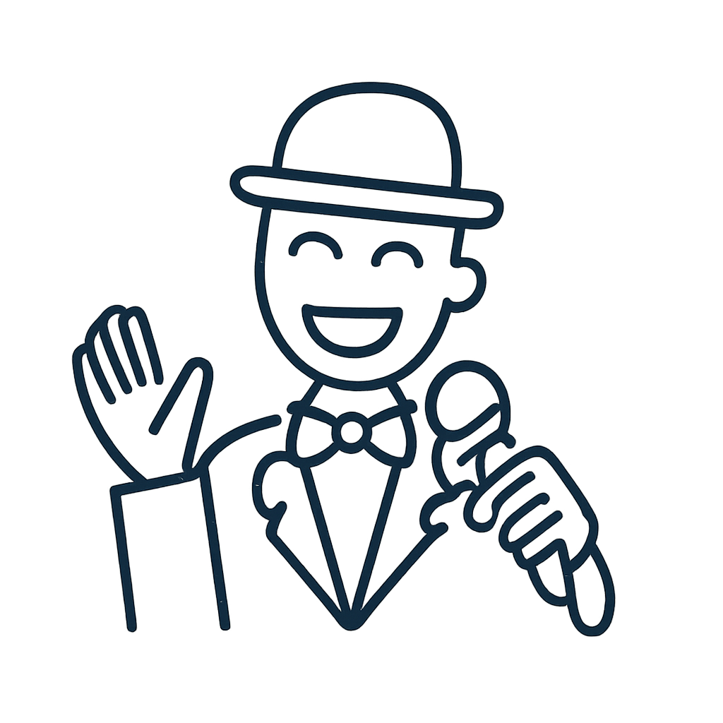 Happy gentleman wearing a suit, bowler hat tip, and friendly gesture embracing a microphone.